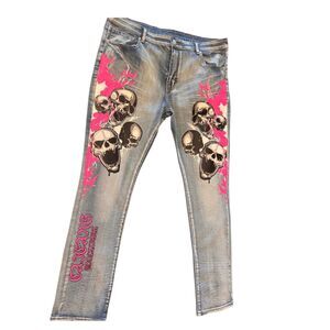 Mens 40x32 Light Wash Skull Graphic Denim Jeans Never Worn Streetwear